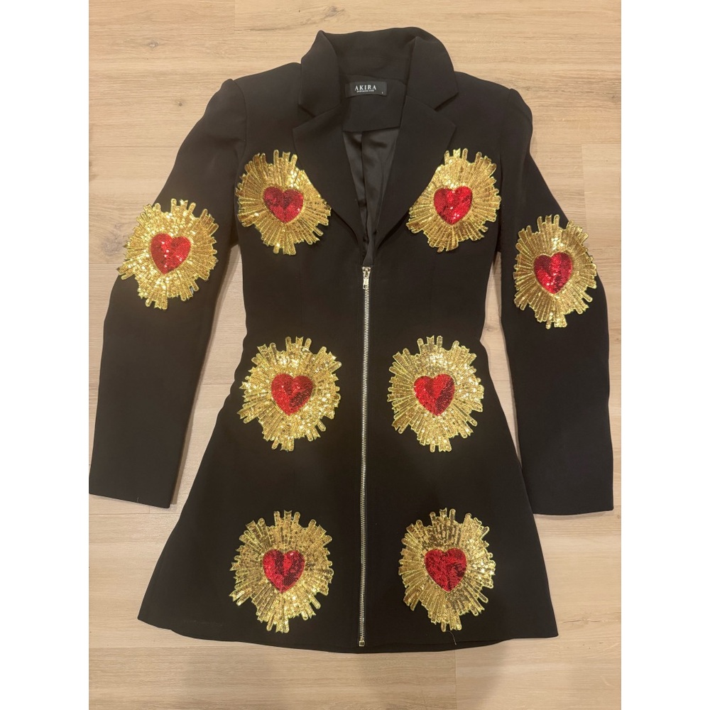 AKIRA Black Blazer with Gold and Red Sequin Hearts
